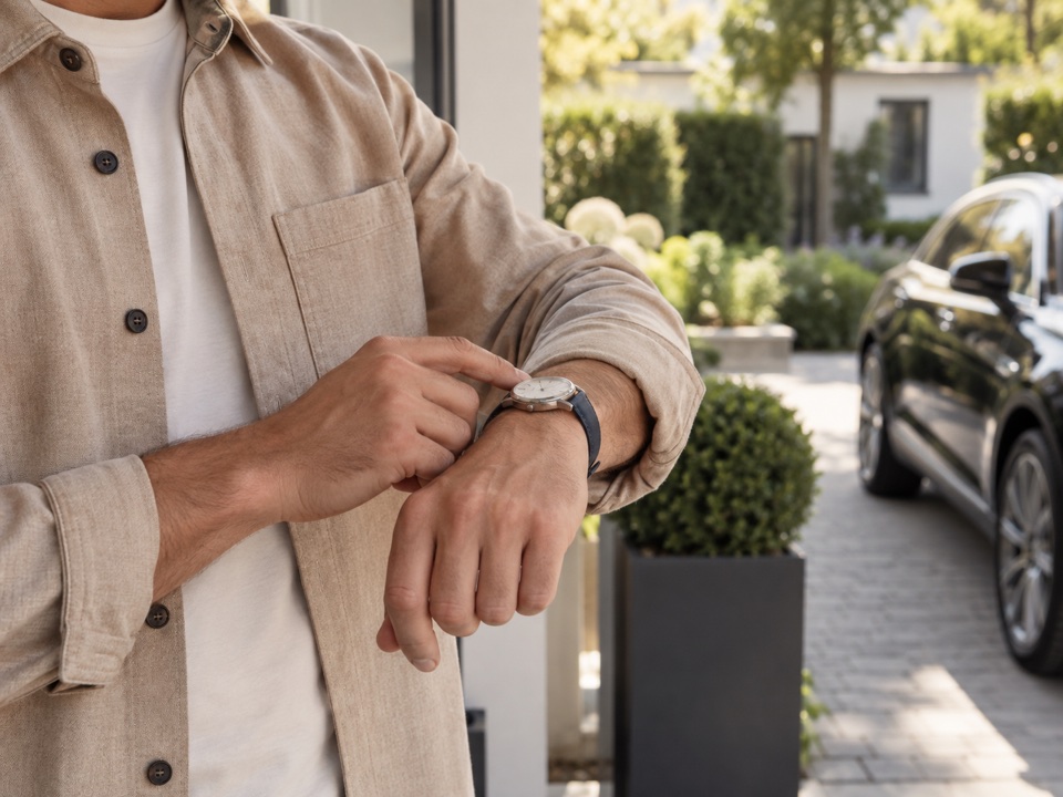 A homeowner checks their watch by the front door