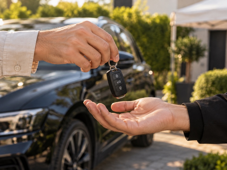 A customer hands the car key to a team member
