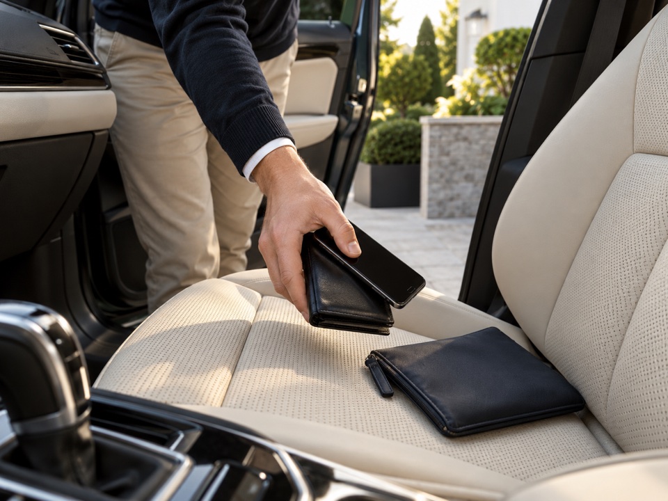 An owner collects a phone and wallet from the car